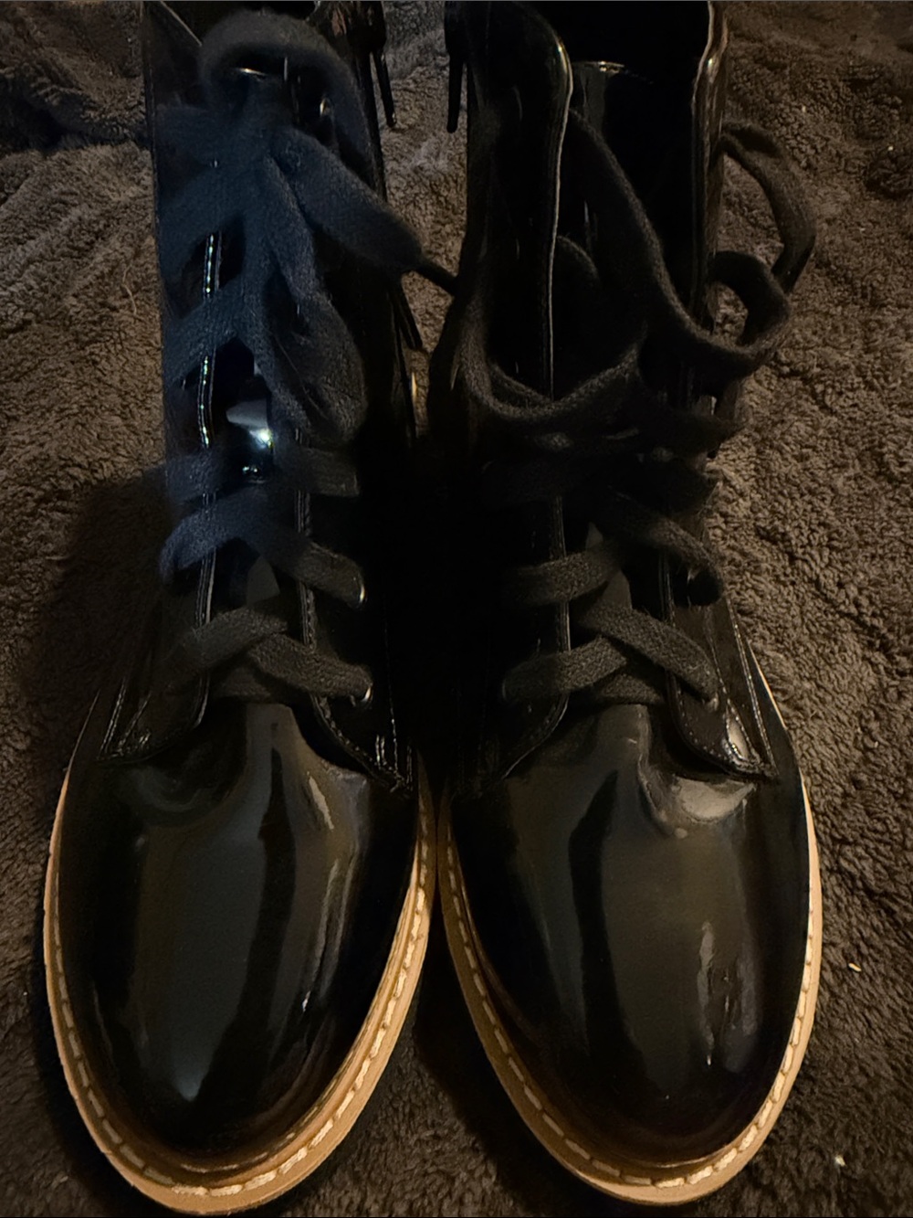 New! Black Patent Combat Boots with Contrast Welt